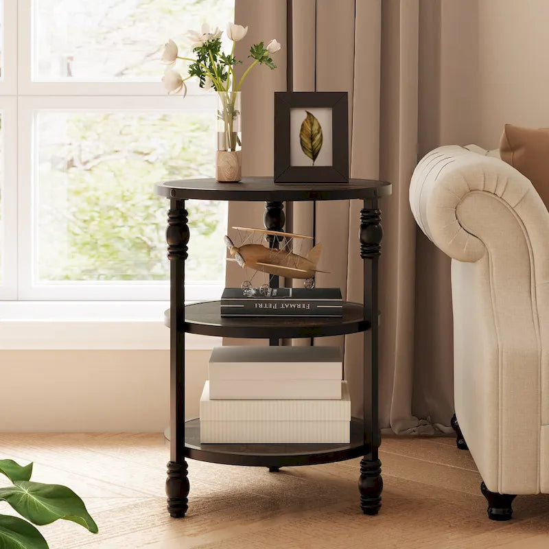 Table d'appoint ronde avec étagère de rangement et cadre métallique