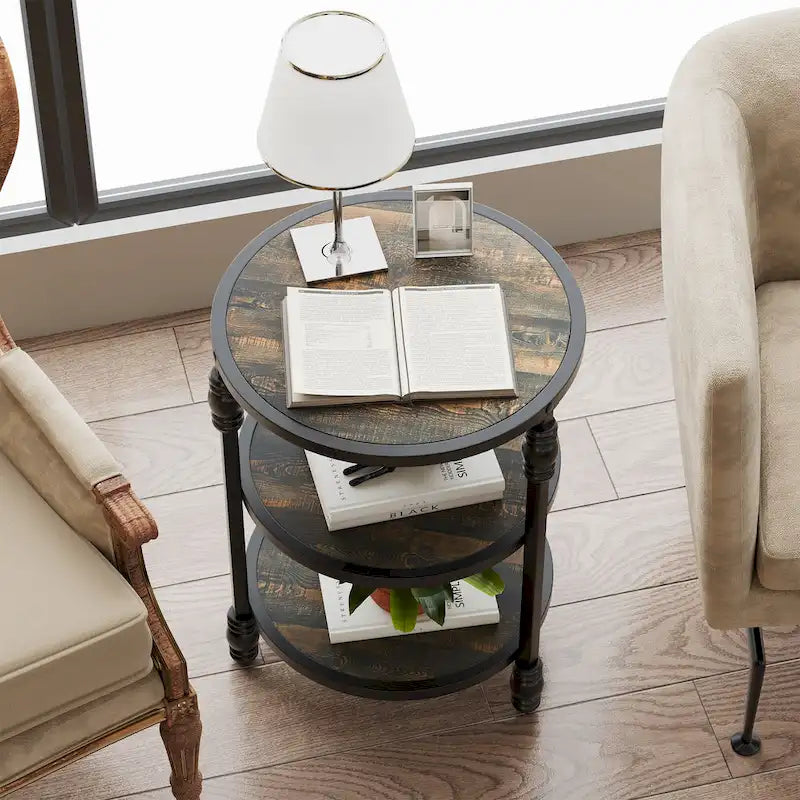 Table d'appoint ronde avec étagère de rangement et cadre métallique