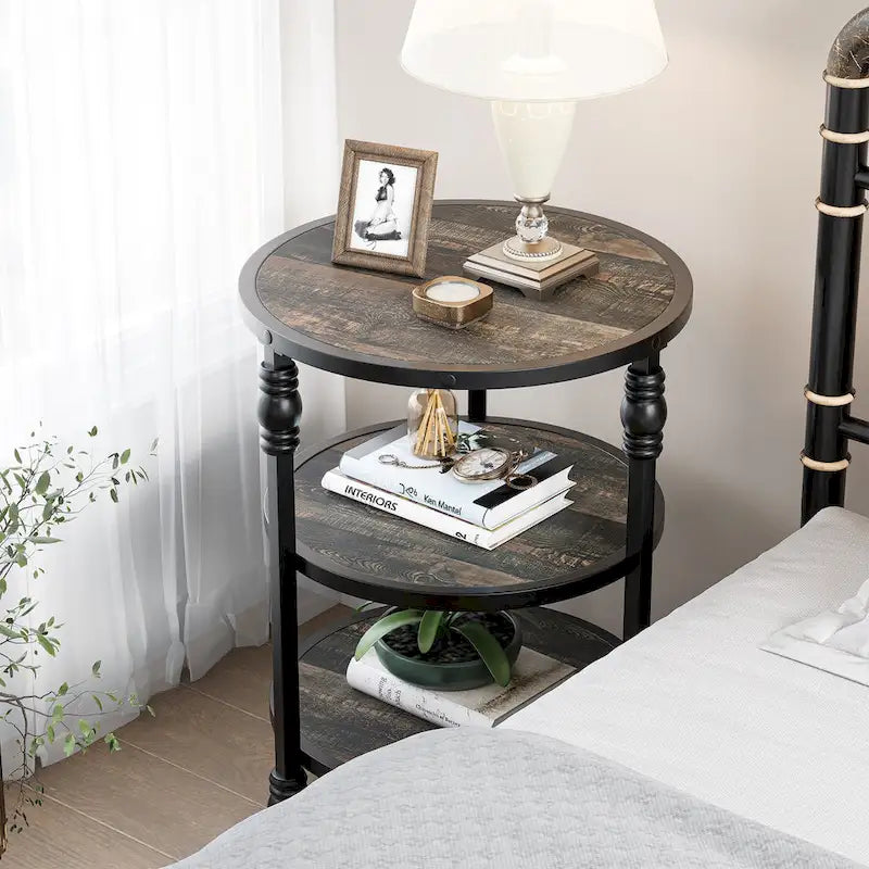 Table d'appoint ronde avec étagère de rangement et cadre métallique