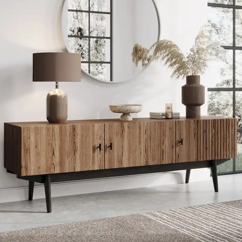 Meuble TV compatible avec design à lattes et pieds en bois