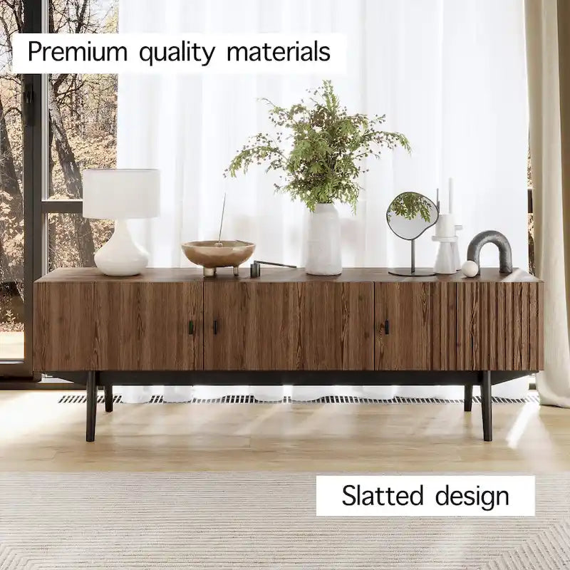 Meuble TV compatible avec design à lattes et pieds en bois