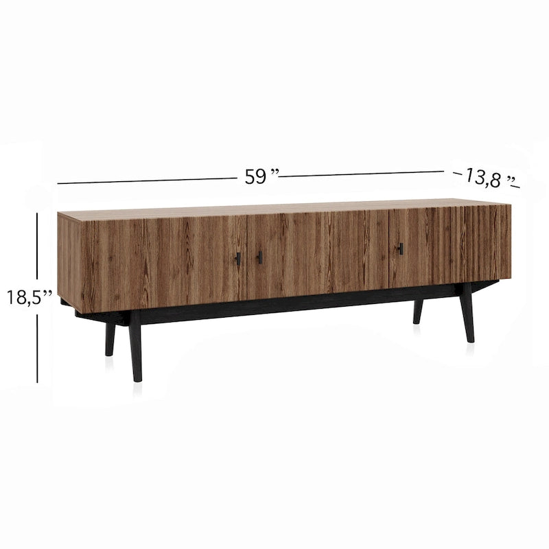 Meuble TV compatible avec design à lattes et pieds en bois
