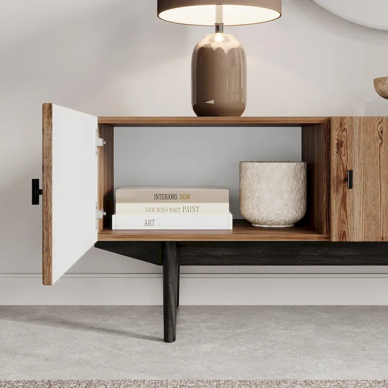 Meuble TV compatible avec design à lattes et pieds en bois