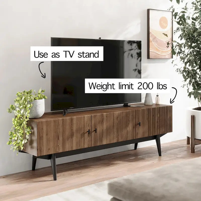 Meuble TV compatible avec design à lattes et pieds en bois