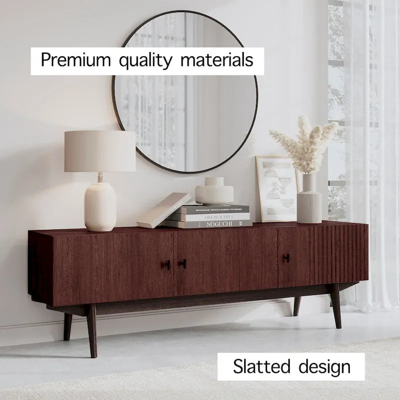 Meuble TV compatible avec design à lattes et pieds en bois