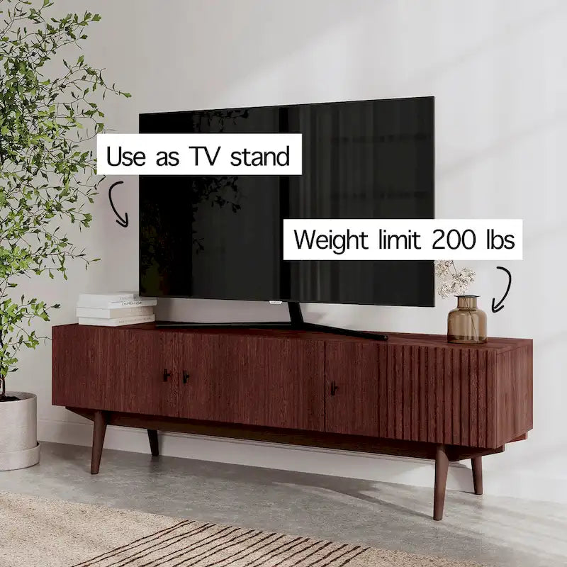 Meuble TV compatible avec design à lattes et pieds en bois