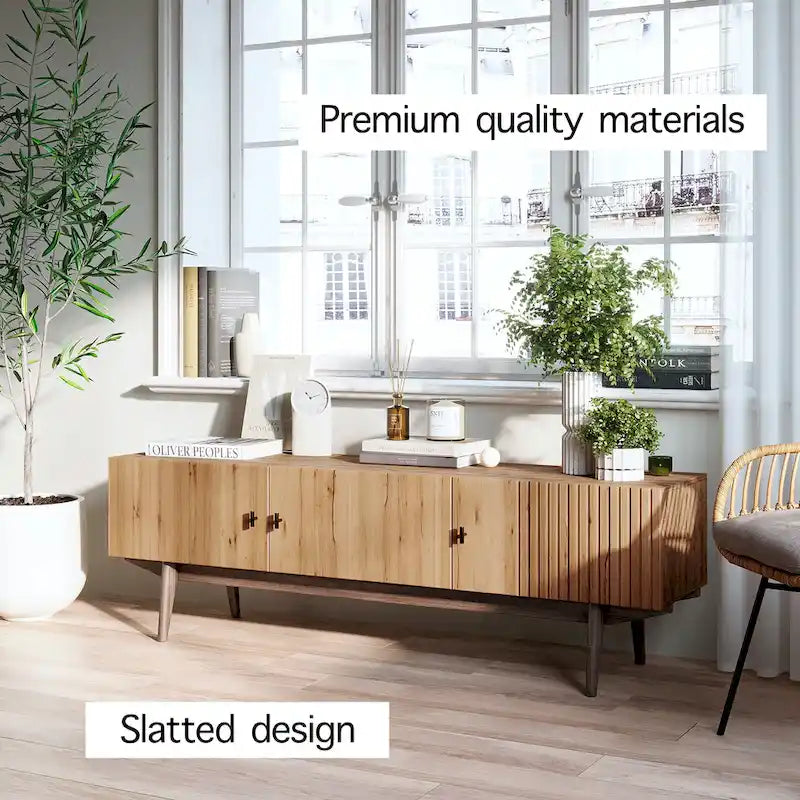 Meuble TV compatible avec design à lattes et pieds en bois