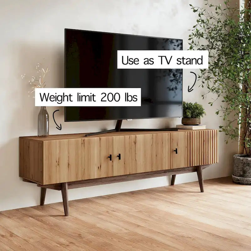 Meuble TV compatible avec design à lattes et pieds en bois