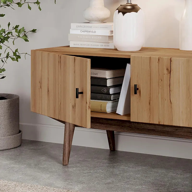 Meuble TV compatible avec design à lattes et pieds en bois