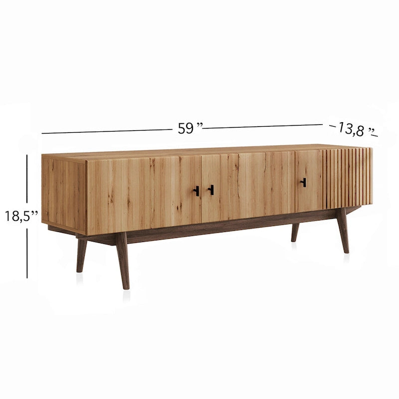 Meuble TV compatible avec design à lattes et pieds en bois