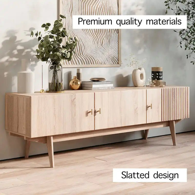 Meuble TV compatible avec design à lattes et pieds en bois