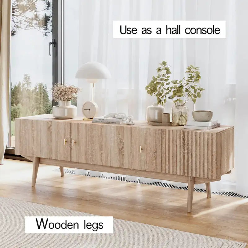Meuble TV compatible avec design à lattes et pieds en bois