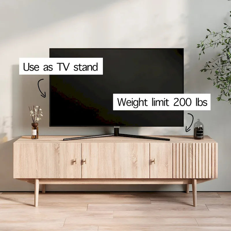 Meuble TV compatible avec design à lattes et pieds en bois