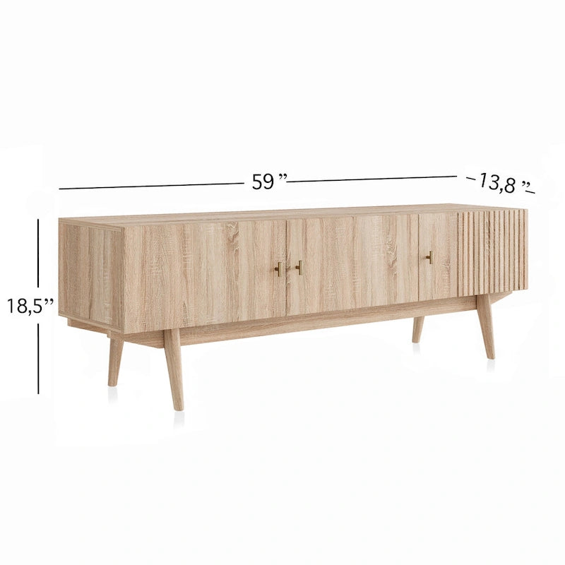Meuble TV compatible avec design à lattes et pieds en bois