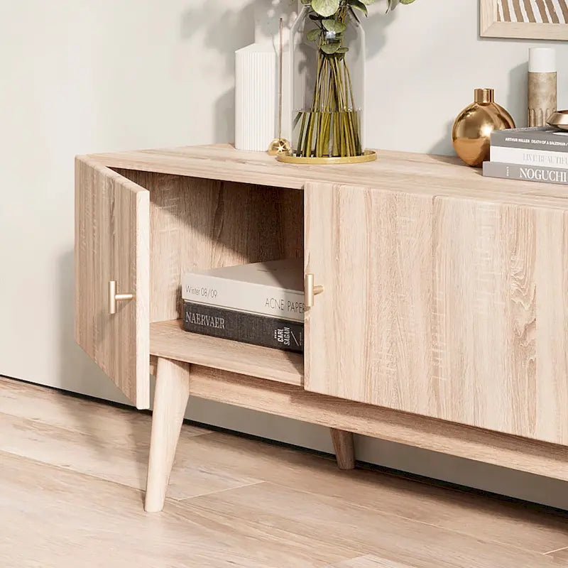 Meuble TV compatible avec design à lattes et pieds en bois