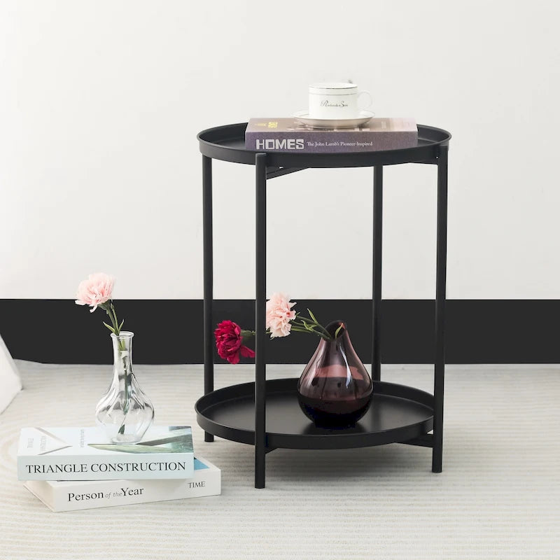 Table d'appoint ronde à 2 niveaux en métal avec plateau amovible