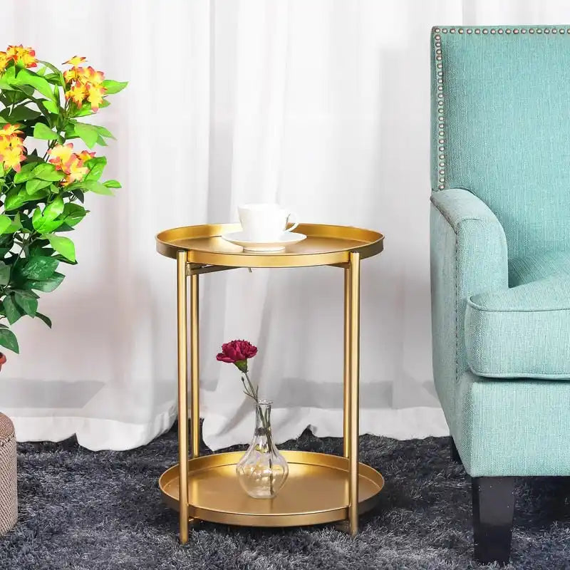 Table d'appoint ronde à 2 niveaux en métal avec plateau amovible
