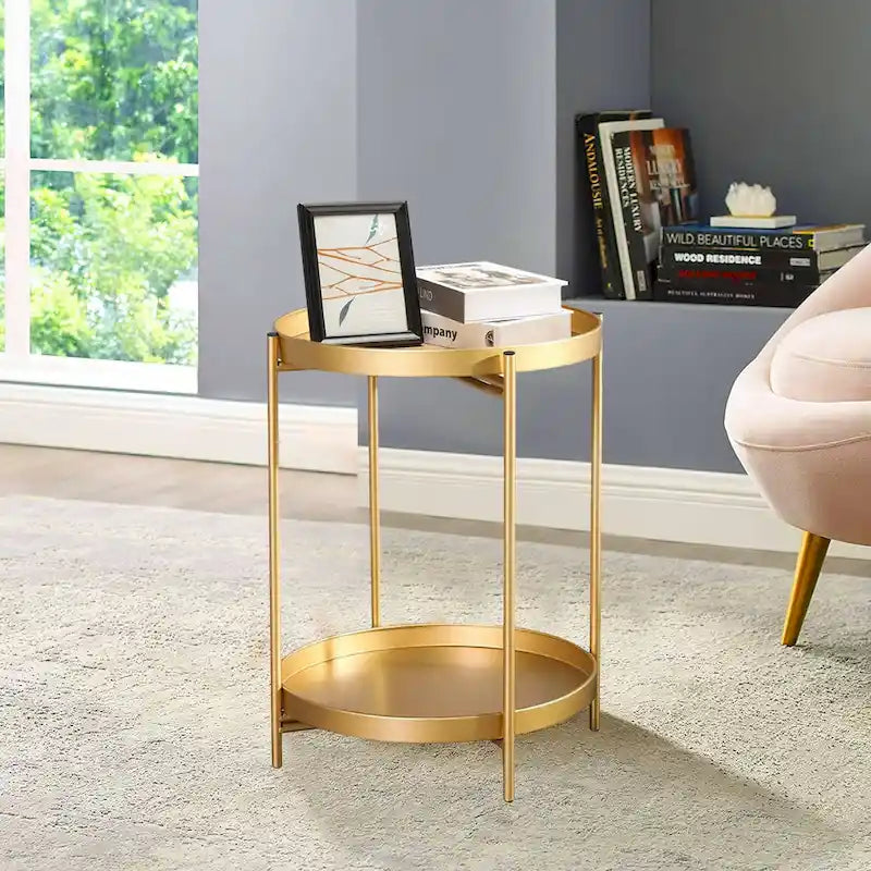 Table d'appoint ronde à 2 niveaux en métal avec plateau amovible