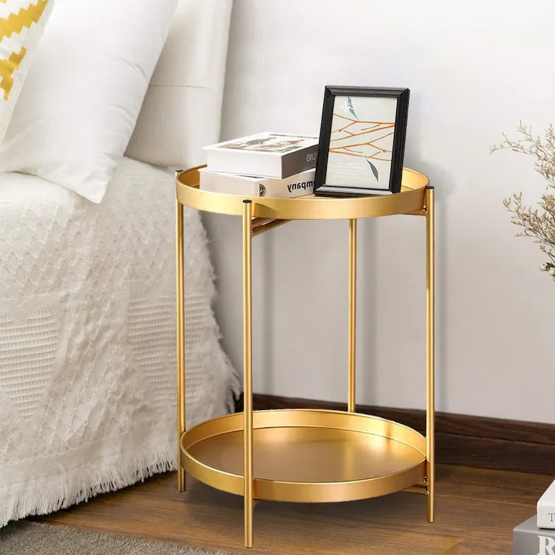 Table d'appoint ronde à 2 niveaux en métal avec plateau amovible
