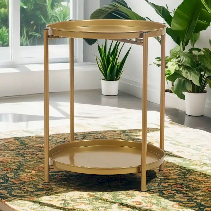 Table d'appoint ronde à 2 niveaux en métal avec plateau amovible