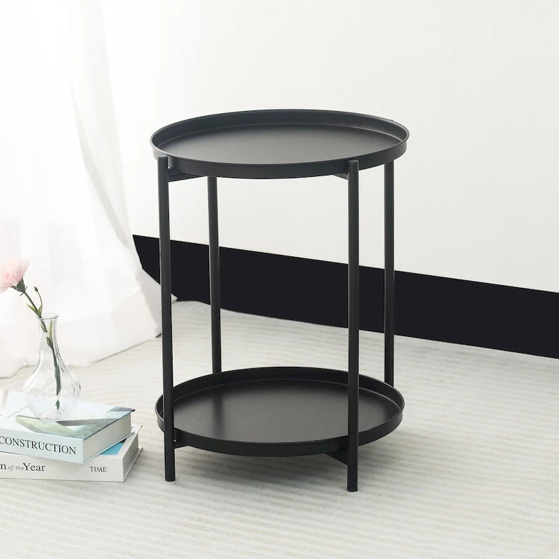 Table d'appoint ronde à 2 niveaux en métal avec plateau amovible