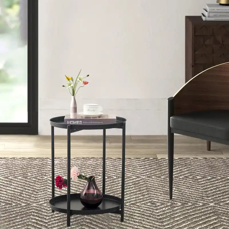 Table d'appoint ronde à 2 niveaux en métal avec plateau amovible