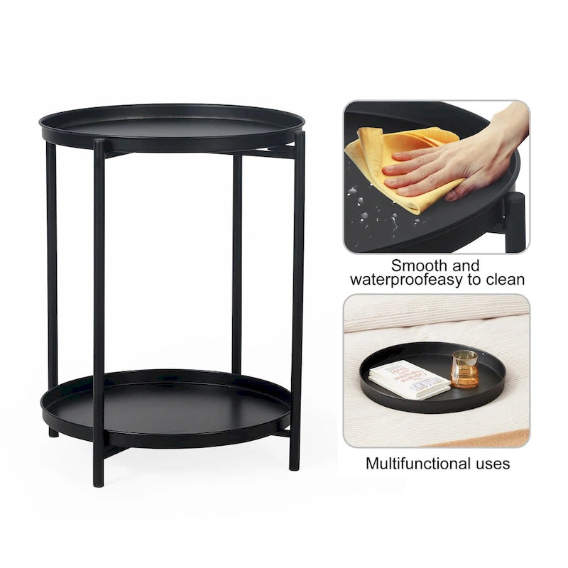 Table d'appoint ronde à 2 niveaux en métal avec plateau amovible
