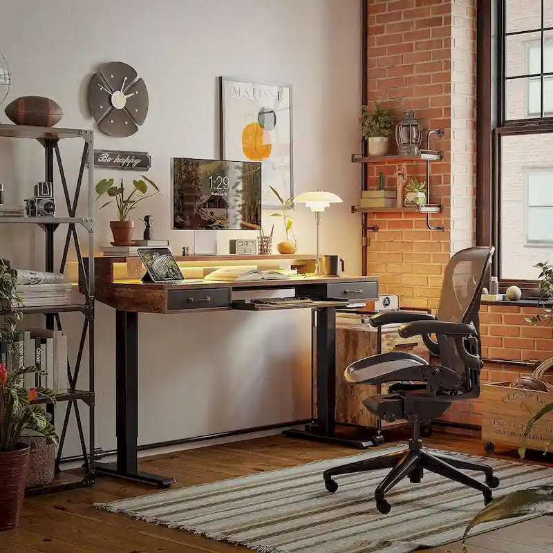 FEZIBO Height Adjustable Electric Standing Desk with Double Drawers&Keyboard Tray, Stand Up Desk with LED Strips