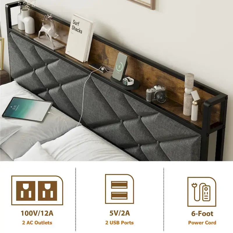 Lit plateforme avec station de recharge et étagère de rangement