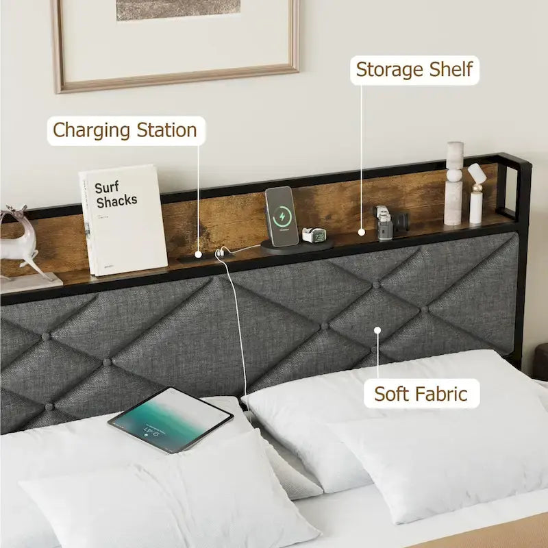 Lit plateforme avec station de recharge et étagère de rangement