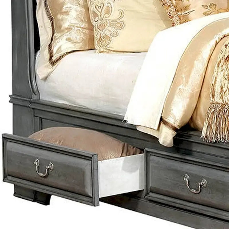 Lit king-size en bois avec plusieurs tiroirs inférieurs gris