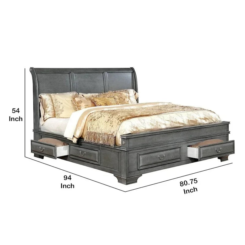 Lit king-size en bois avec plusieurs tiroirs inférieurs gris